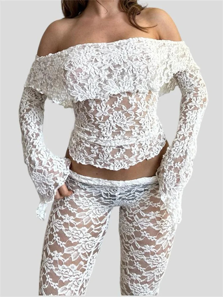 JuliaFashion - Long Sleeve Lace Slash Neck Off Shoulder Tees Flared Pants Suits