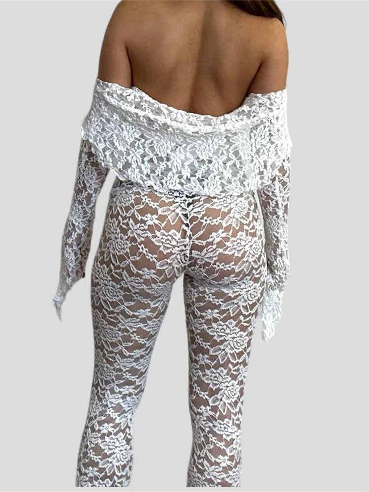 JuliaFashion - Long Sleeve Lace Slash Neck Off Shoulder Tees Flared Pants Suits