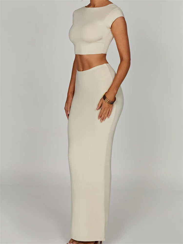JuliaFashion - Summer Solid O-neck Short Sleeve Backless Basic T-shirts Long Skirts Suits