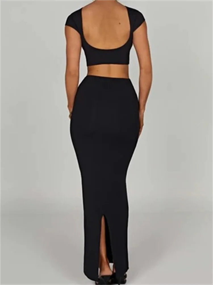 JuliaFashion - Summer Solid O-neck Short Sleeve Backless Basic T-shirts Long Skirts Suits