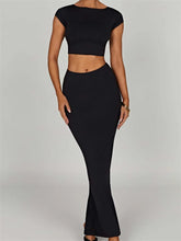 JuliaFashion - Summer Solid O-neck Short Sleeve Backless Basic T-shirts Long Skirts Suits