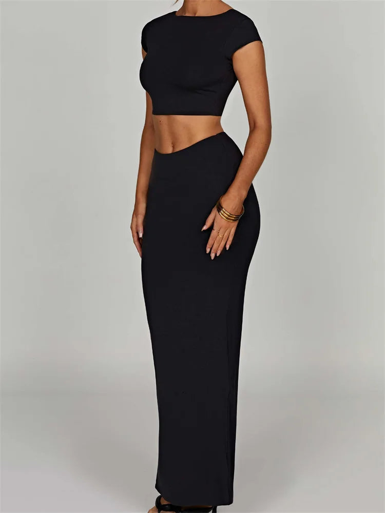 JuliaFashion - Summer Solid O-neck Short Sleeve Backless Basic T-shirts Long Skirts Suits