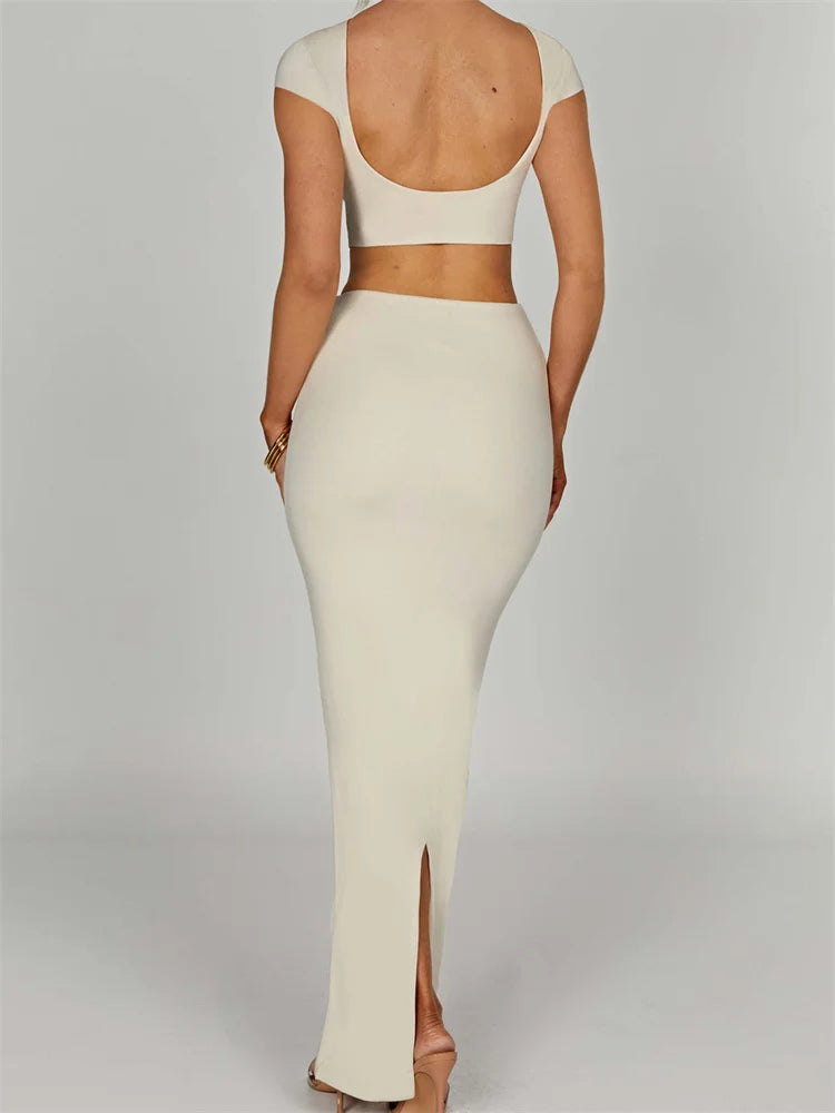 JuliaFashion - Summer Solid O-neck Short Sleeve Backless Basic T-shirts Long Skirts Suits