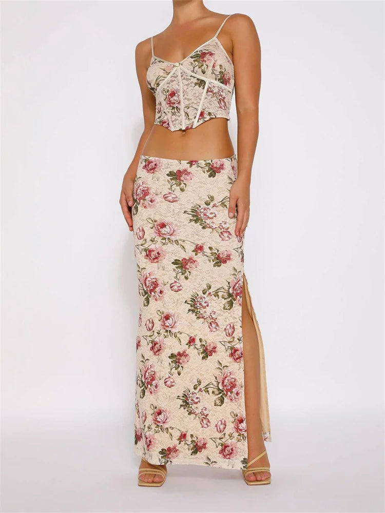 JuliaFashion - Sleeveless Strap V-neck Camis Tops High Split Long Skirts Suits