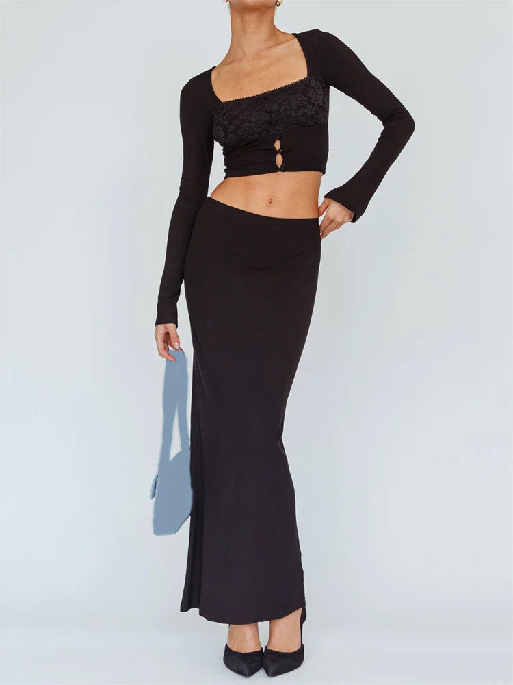 JuliaFashion - Romantic Vintage Classic Floral Lace Button Tops with Slim Skirts Suits