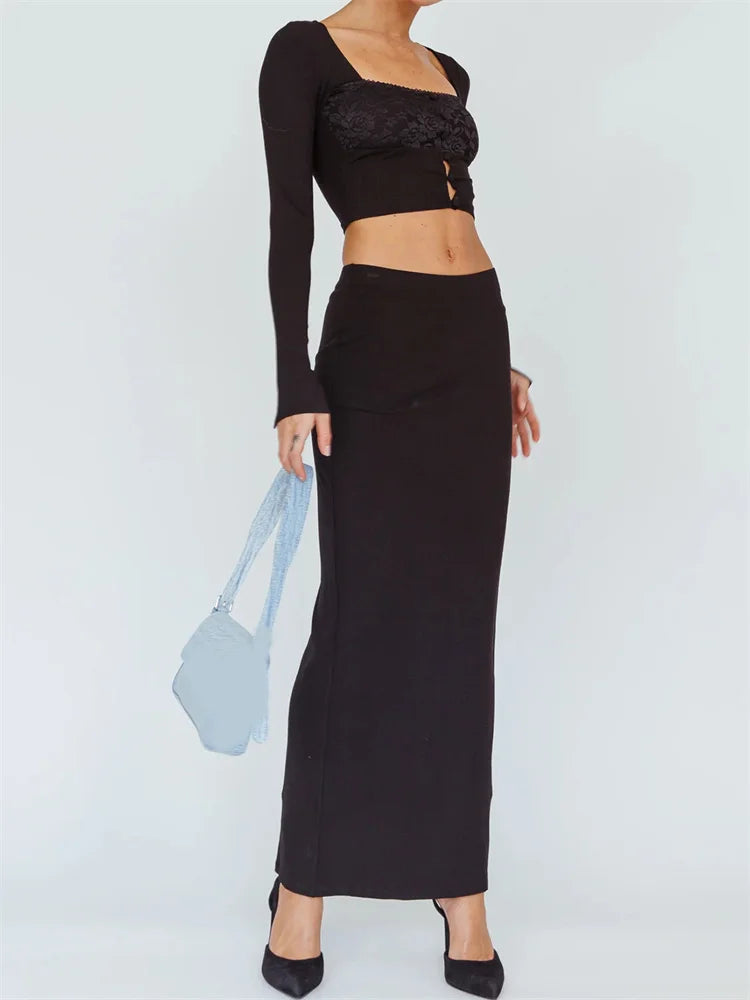 JuliaFashion - Romantic Vintage Classic Floral Lace Button Tops with Slim Skirts Suits