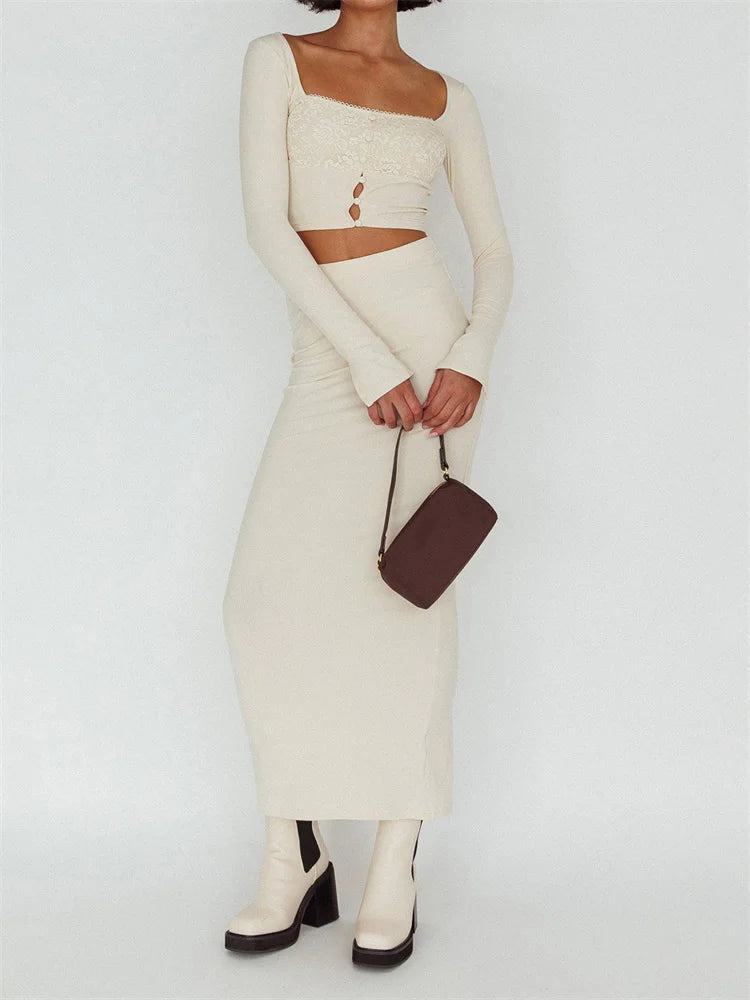 JuliaFashion - Romantic Vintage Classic Floral Lace Button Tops with Slim Skirts Suits