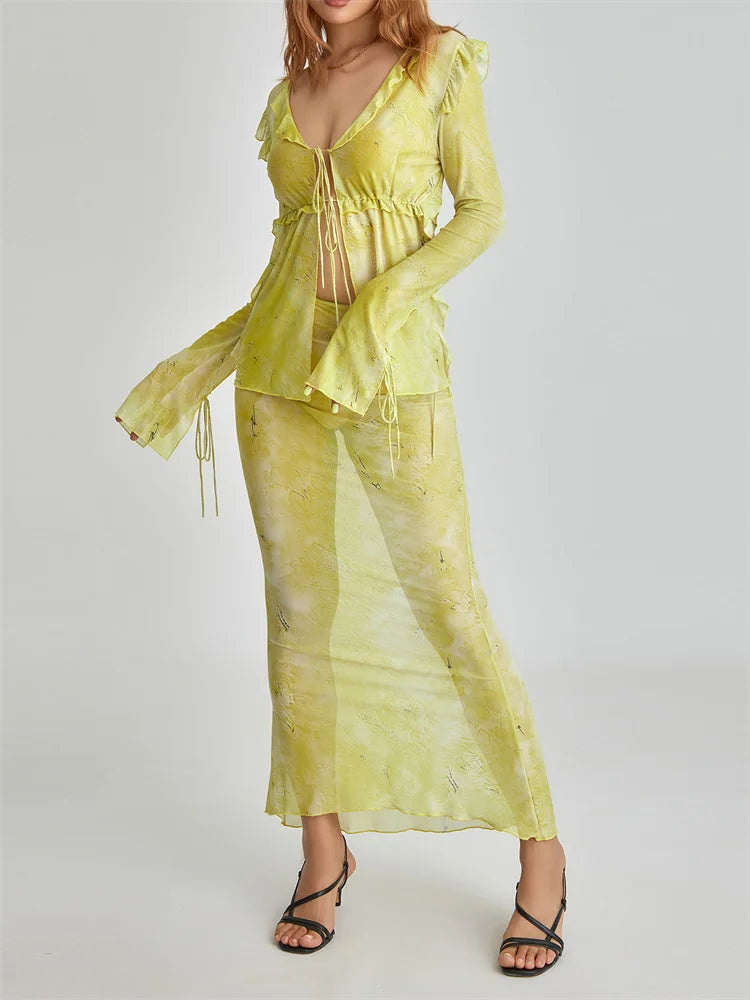 JuliaFashion - Vintage Tie-up Mesh See Through Clubwear Suits