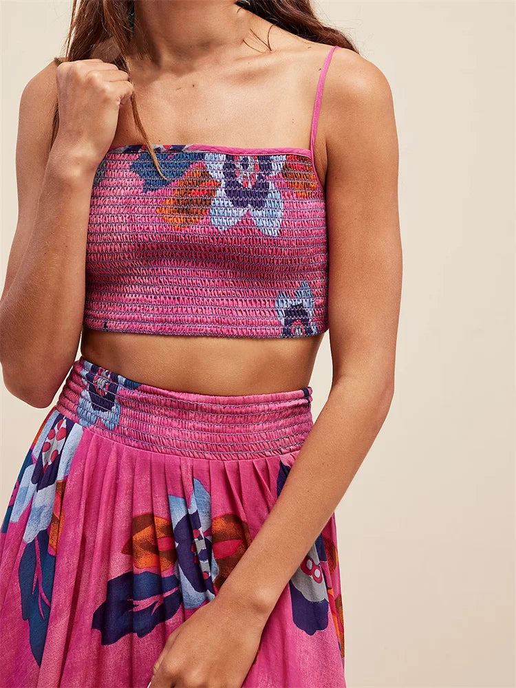 JuliaFashion - High Waist Pleated Vintage Flower Print Camis Tops Suits