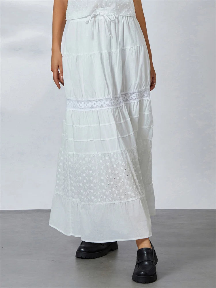 JuliaFashion - Vintage Lace Patchwork Bohemian Long Low Waist Embroidery Midi Drawstring Flowy Beachwear Skirts