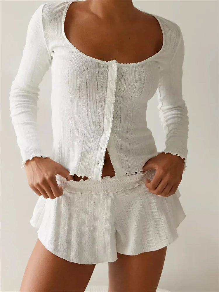 JuliaFashion - Vintage O-neck Buttons Up T-shirts Tops Ruffles Shorts Suits