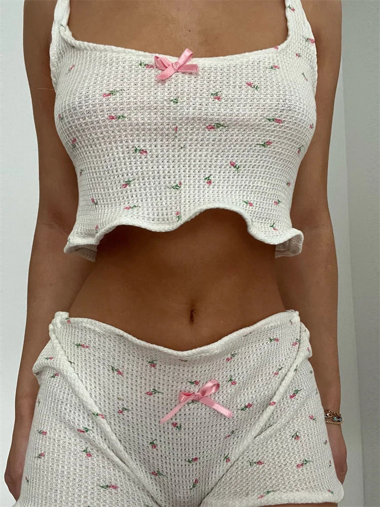 JuliaFashion - Vintage Print Bow Patchwork Sleeveless Strap Camis Shorts Sleepwear Suits