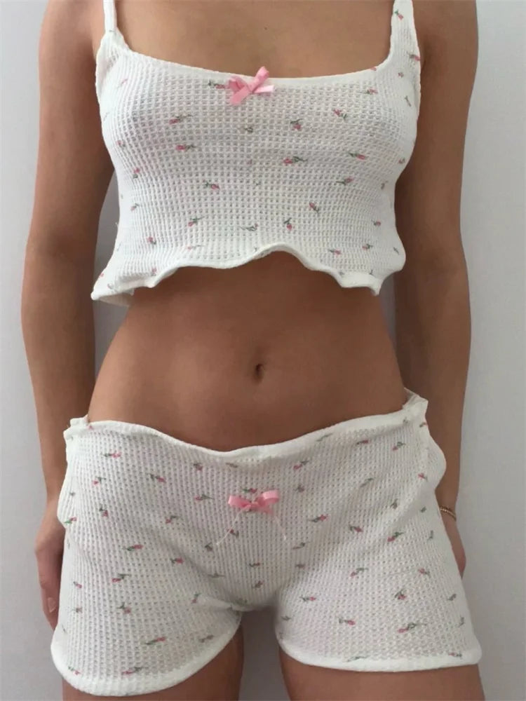 JuliaFashion - Vintage Print Bow Patchwork Sleeveless Strap Camis Shorts Sleepwear Suits