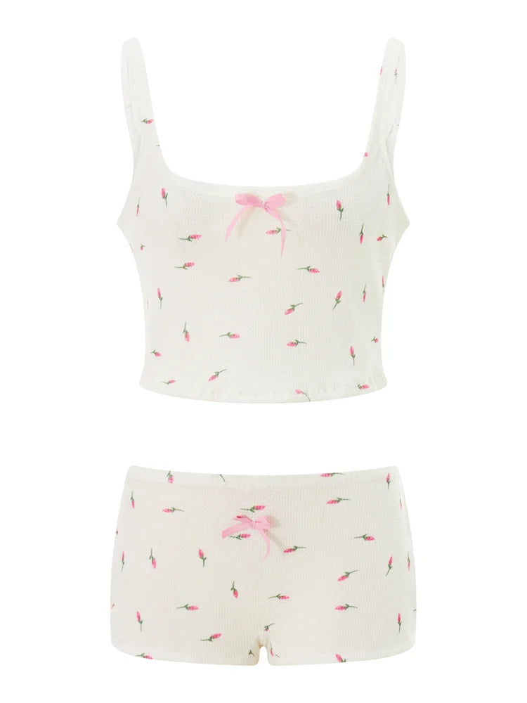 JuliaFashion - Vintage Print Bow Patchwork Sleeveless Strap Camis Shorts Sleepwear Suits
