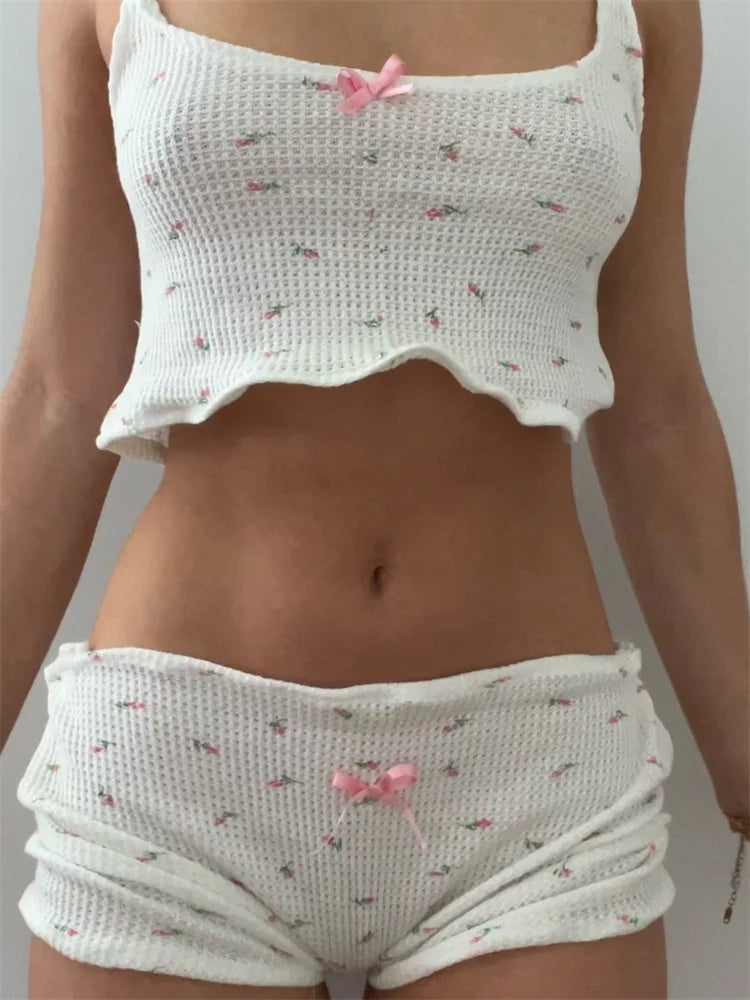 JuliaFashion - Vintage Print Bow Patchwork Sleeveless Strap Camis Shorts Sleepwear Suits