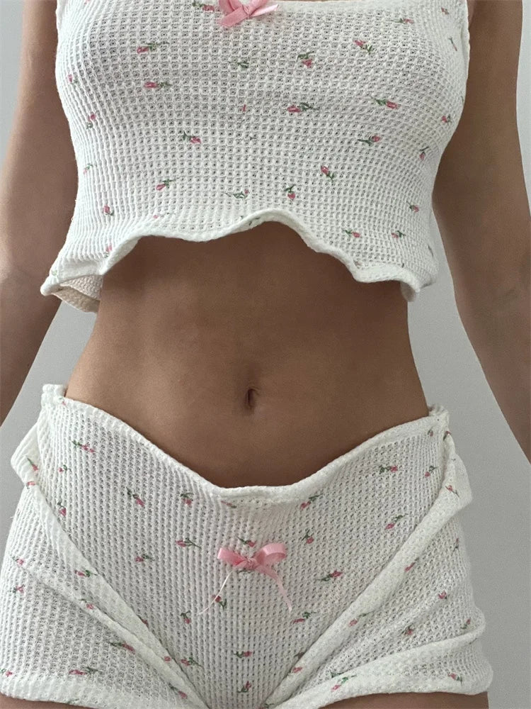 JuliaFashion - Vintage Print Bow Patchwork Sleeveless Strap Camis Shorts Sleepwear Suits