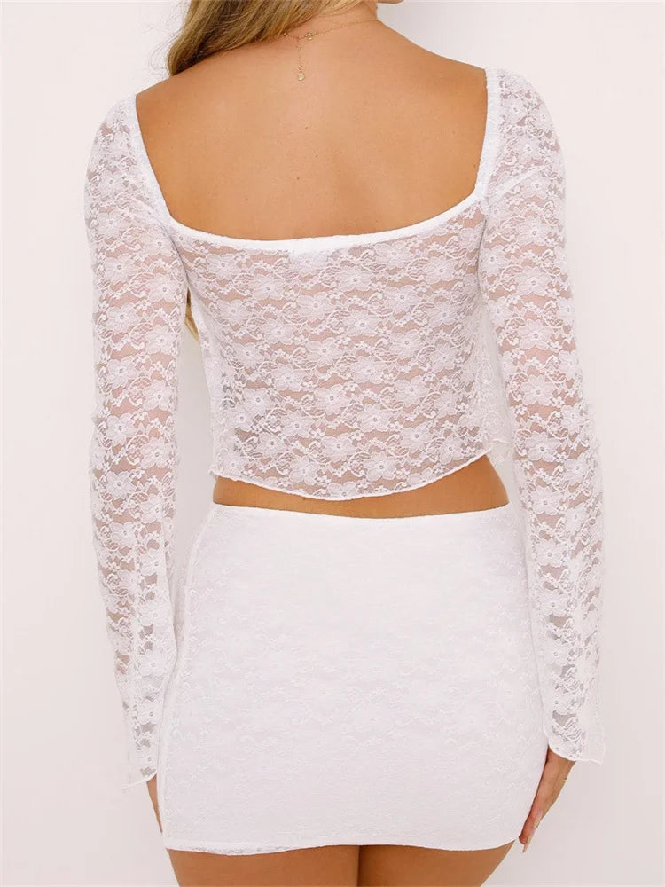 JuliaFashion - Vintage Long Sleeve Tie-up Mesh See Through Shirts Suits