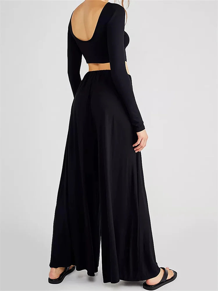 JuliaFashion - Casual Backless T-shirts Crop Tops Solid Wide Leg Pants Suits