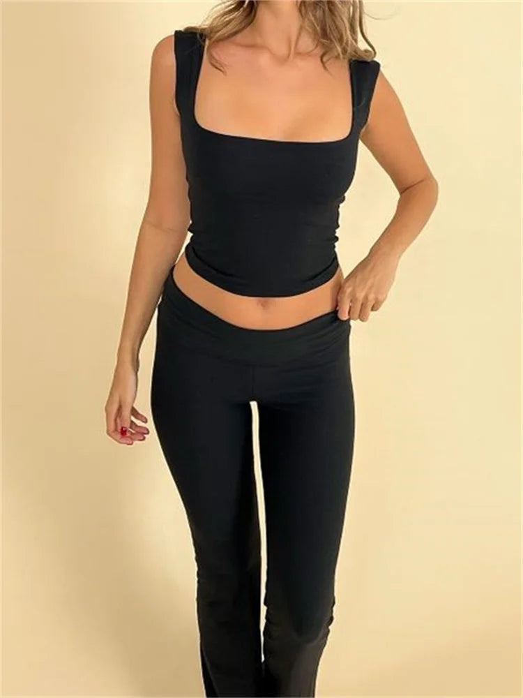 JuliaFashion - Solid Summer Square Neck Tops Elastic Waist Pants Suits