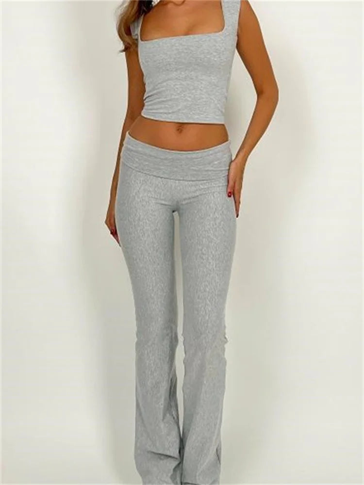 JuliaFashion - Solid Summer Square Neck Tops Elastic Waist Pants Suits