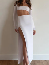 JuliaFashion - Square Neck Backless Long Sleeve Tops High Split Skirts Suits