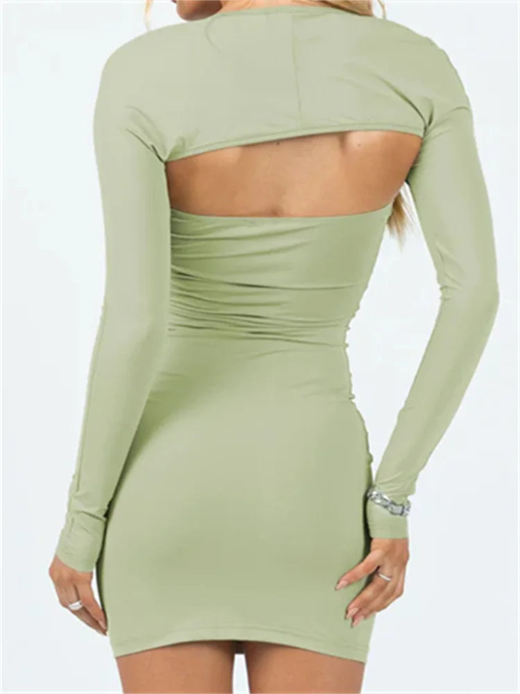 JuliaFashion - Strapless Off Shoulder Solid Bodycon Dress Long Sleeve Tops Suits