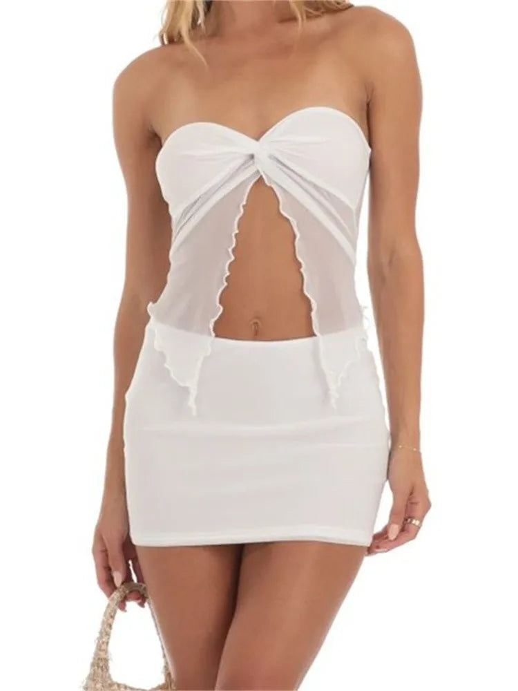 JuliaFashion - Strapless Mesh See Throughss Split Tube Tops Short Skirts Suits