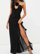 Women 3D Flowers Patchwork Halter Sleeveless Backless High Split Asymmetrical Hem Ruffles Vestidos