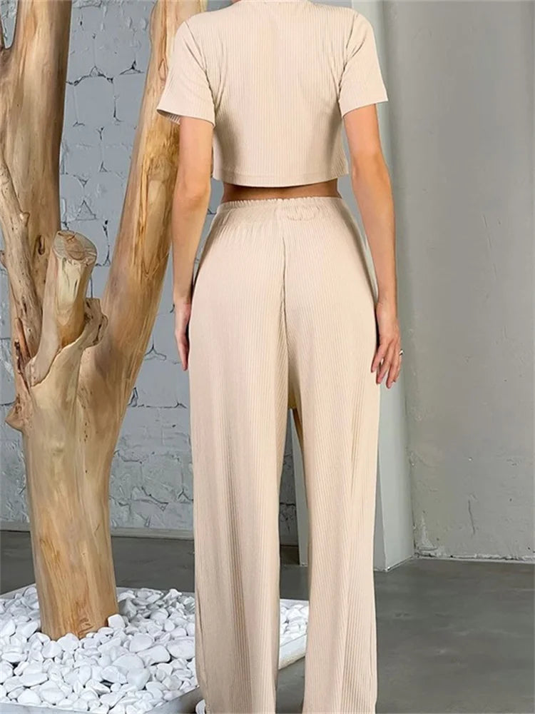 JuliaFashion - Knitted Short Sleeve T-shirts Elastic High Waist Wide Leg Pants Suits