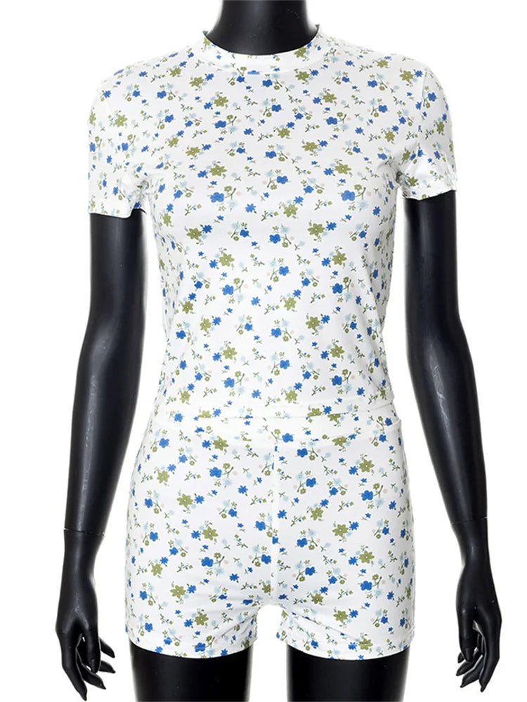 JuliaFashion - Fashion Flower Print Short Sleeve T-shirts High Waist Shorts Suits