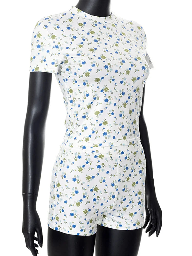 JuliaFashion - Fashion Flower Print Short Sleeve T-shirts High Waist Shorts Suits