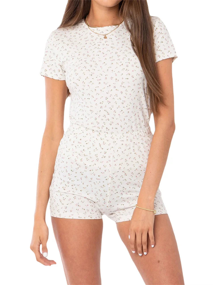 JuliaFashion - Fashion Flower Print Short Sleeve T-shirts High Waist Shorts Suits
