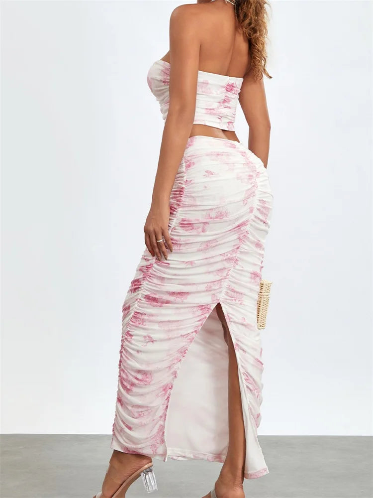 JuliaFashion - Floral Print Strapless Off Shoulder Tops Ruched Long Skirts Suits