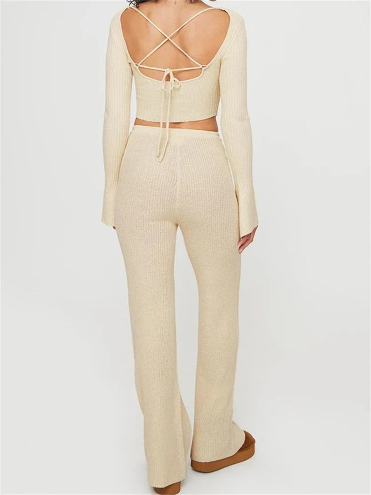 JuliaFashion - Knitted Ribbed Flare Sleeve Square Neck Tie-up Sweaters Pants Suits
