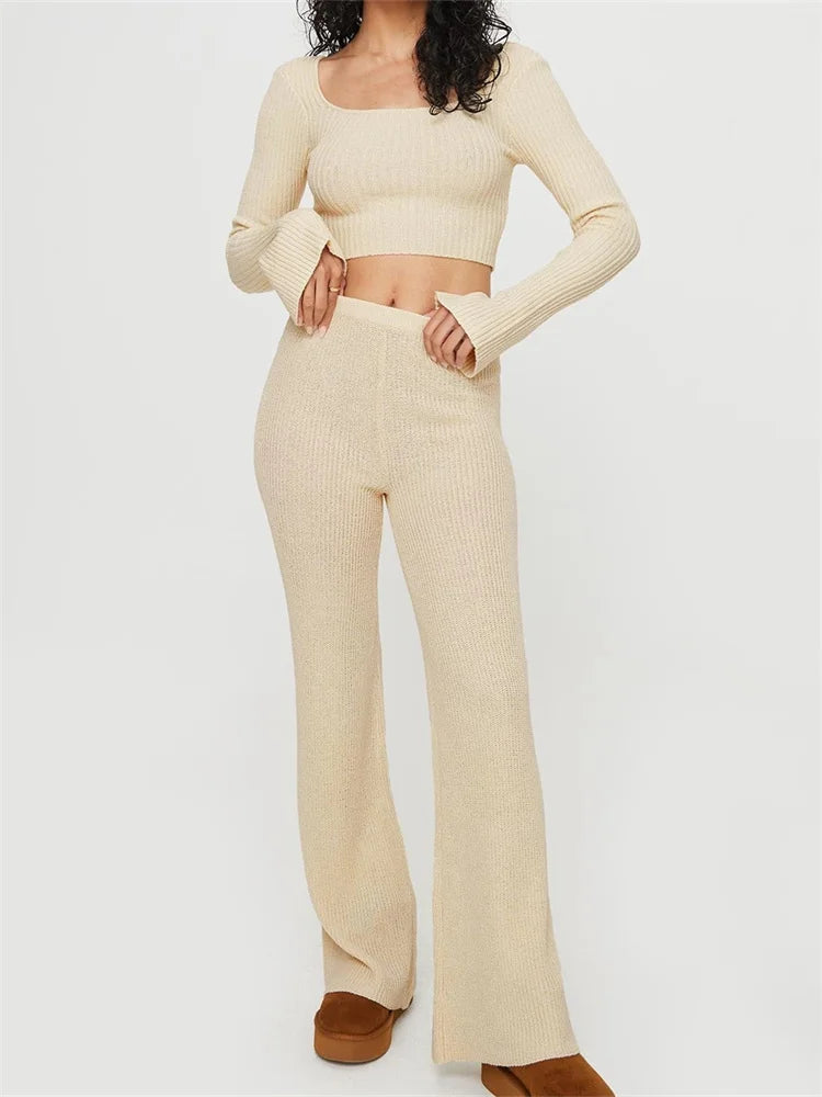 JuliaFashion - Knitted Ribbed Flare Sleeve Square Neck Tie-up Sweaters Pants Suits