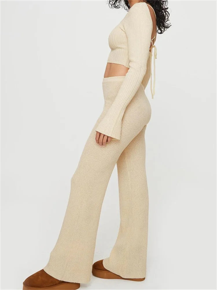 JuliaFashion - Knitted Ribbed Flare Sleeve Square Neck Tie-up Sweaters Pants Suits