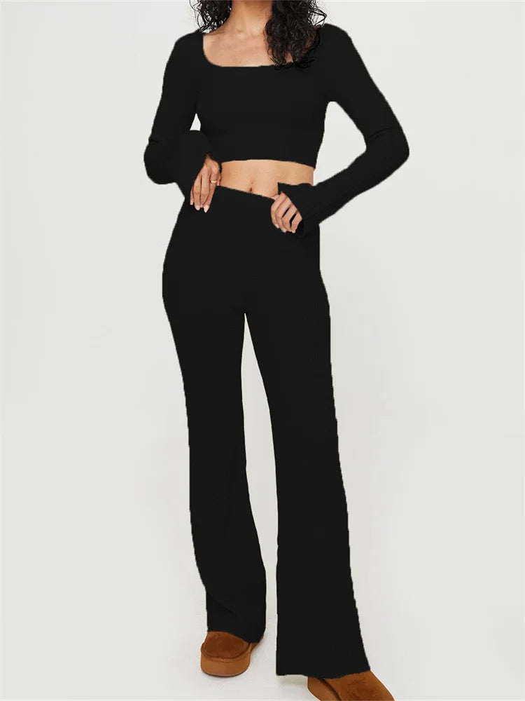 JuliaFashion - Knitted Ribbed Flare Sleeve Square Neck Tie-up Sweaters Pants Suits