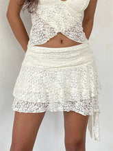 JuliaFashion - Lace Mini Flower Embroidery Frill Layered Low Waist Irregular Hem Short Summer Party Clubwear Skirts