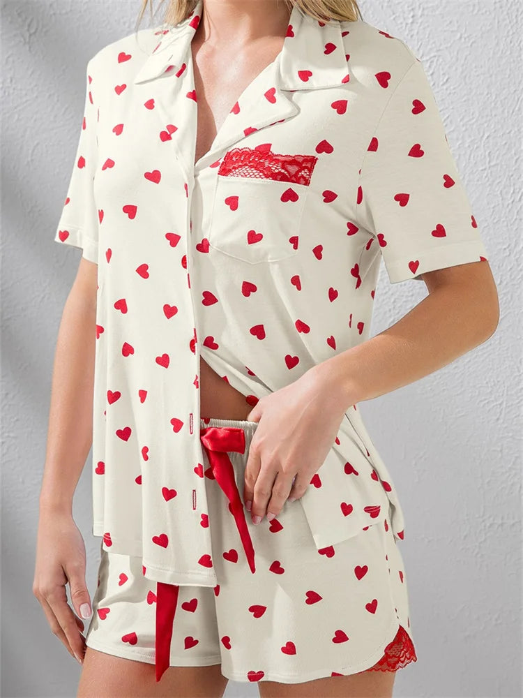 JuliaFashion - Heart Print Lace Patchwork Short Sleeve Shirts Tops Suits