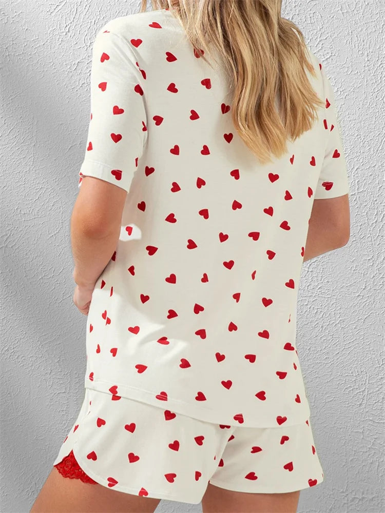 JuliaFashion - Heart Print Lace Patchwork Short Sleeve Shirts Tops Suits