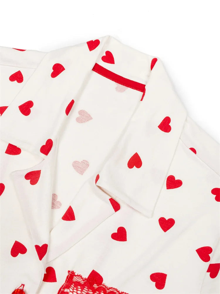 JuliaFashion - Heart Print Lace Patchwork Short Sleeve Shirts Tops Suits