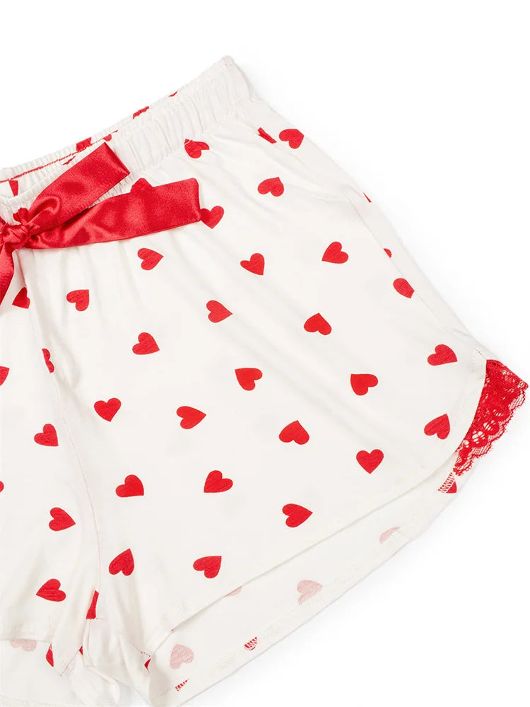 JuliaFashion - Heart Print Lace Patchwork Short Sleeve Shirts Tops Suits