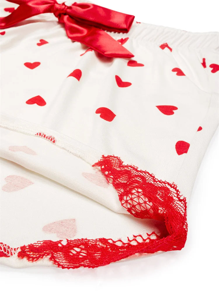 JuliaFashion - Heart Print Lace Patchwork Short Sleeve Shirts Tops Suits