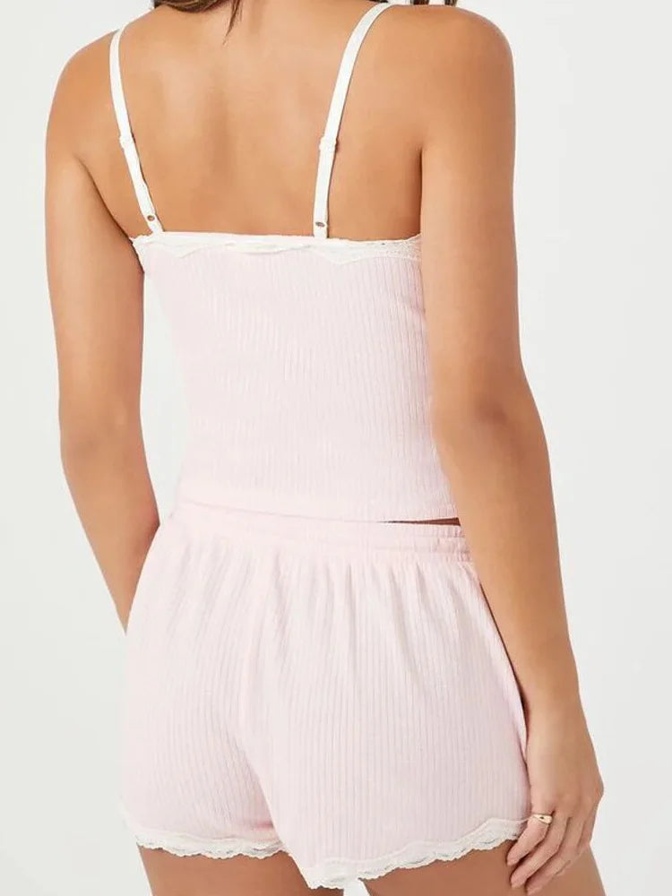JuliaFashion - Lace Trim Camisoles Tank Tops Sleepwear Suits