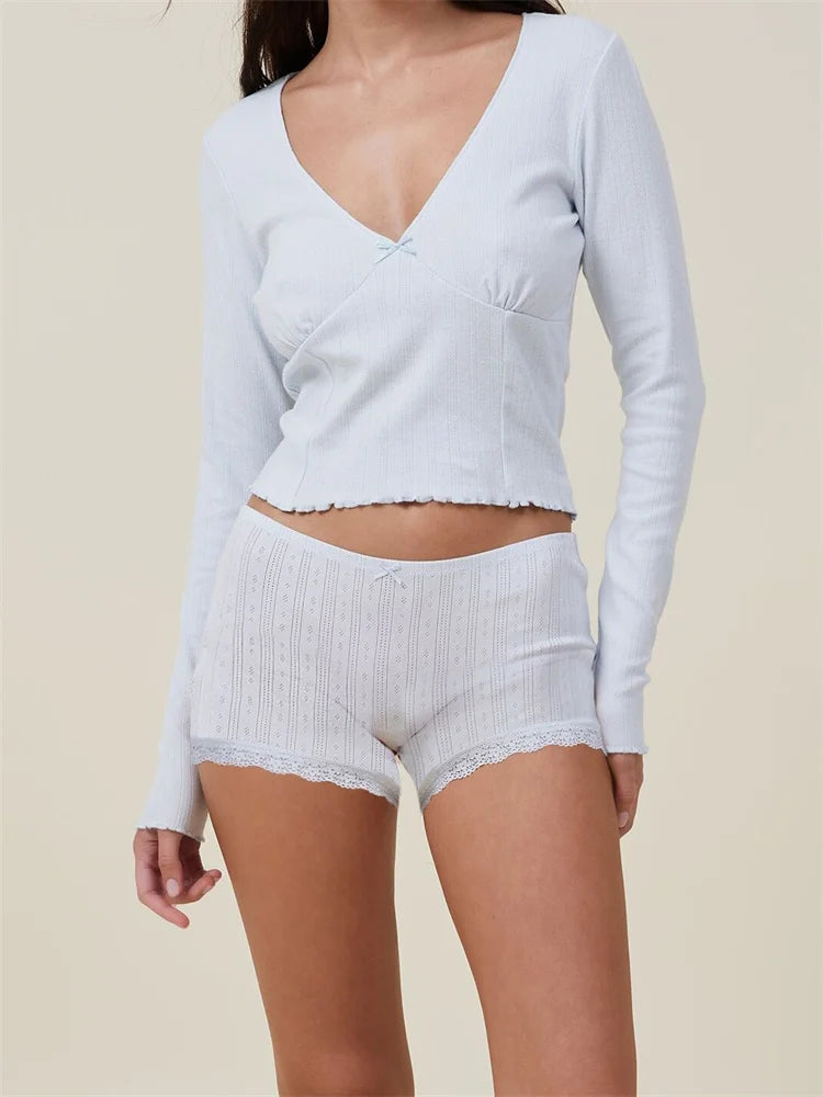 JuliaFashion - Pajama Loungewear Solid Long Sleeve V-Neck T-shirts Lace Shorts Suits