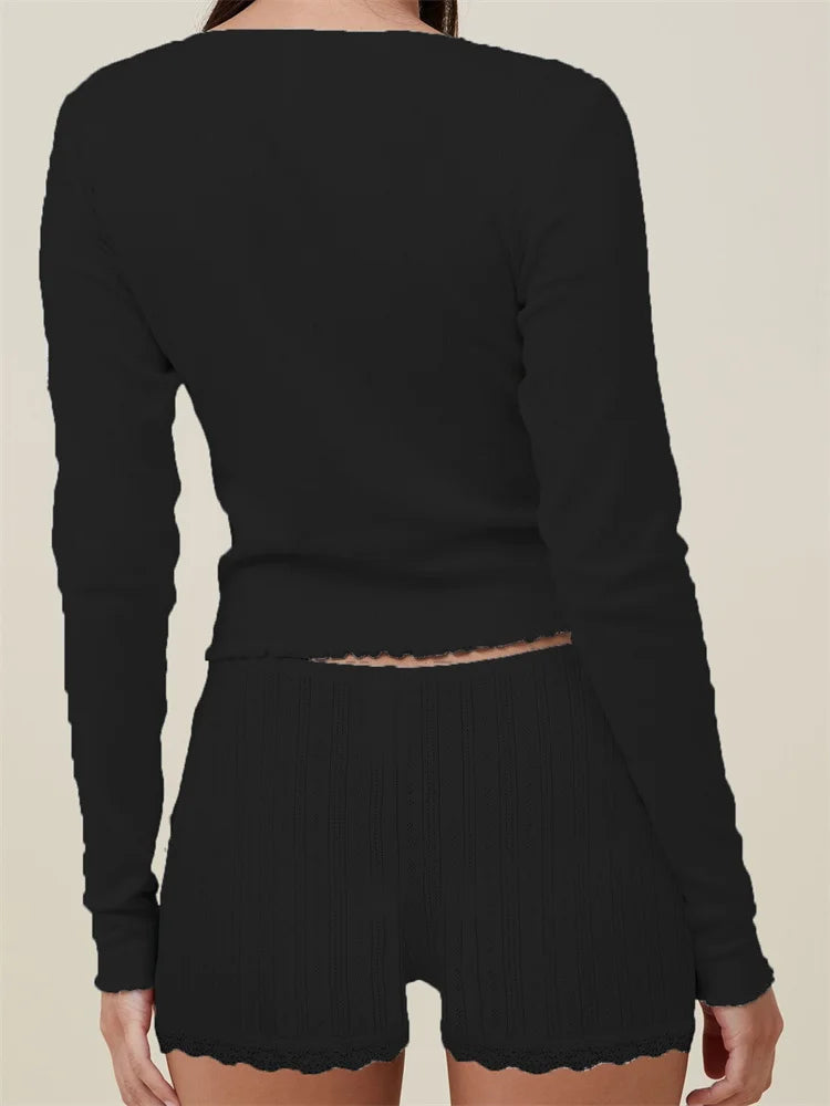 JuliaFashion - Pajama Loungewear Solid Long Sleeve V-Neck T-shirts Lace Shorts Suits