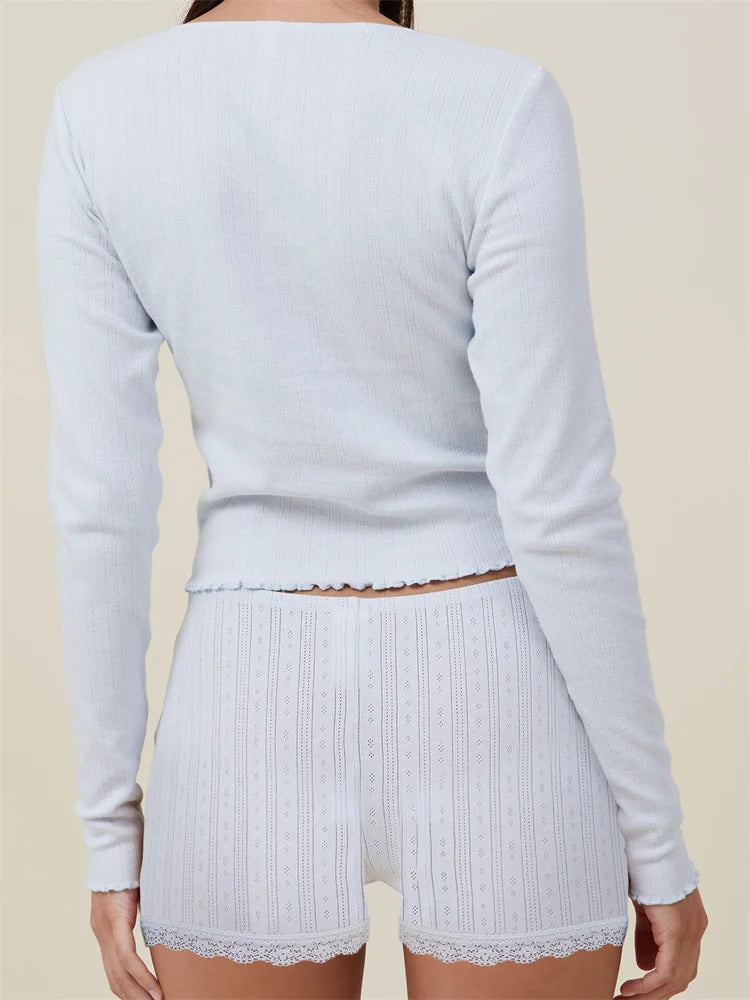 JuliaFashion - Pajama Loungewear Solid Long Sleeve V-Neck T-shirts Lace Shorts Suits