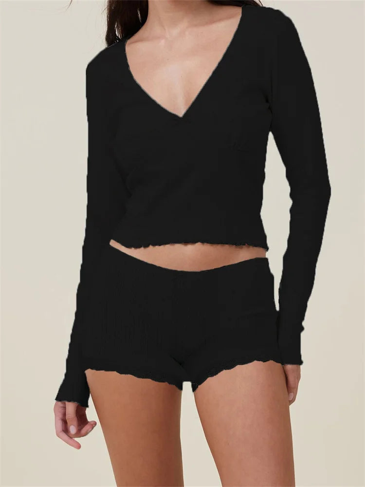 JuliaFashion - Pajama Loungewear Solid Long Sleeve V-Neck T-shirts Lace Shorts Suits