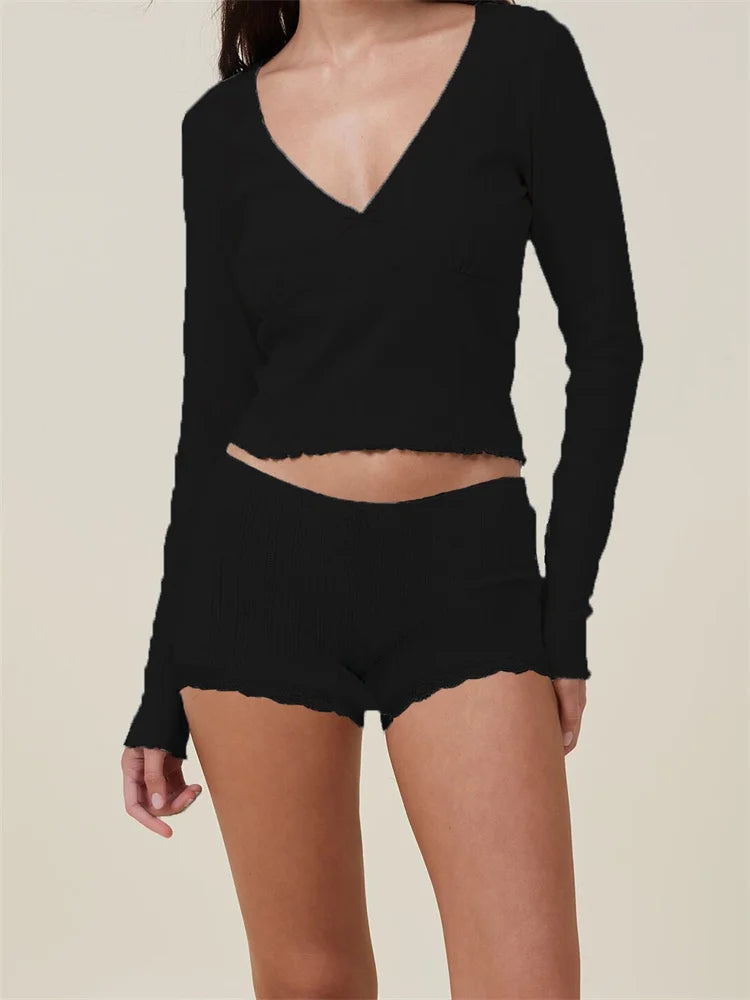 JuliaFashion - Pajama Loungewear Solid Long Sleeve V-Neck T-shirts Lace Shorts Suits