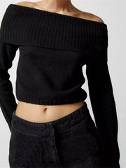 JuliaFashion - Spring Fall Knitted Solid Color Long Sleeve Off Shoulder Slash Neck Ribbed Slim Knitwear Sweater